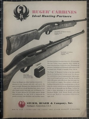 1960s Vintage Ruger Carbines Print Ad - .44 Magnum .22 Guns Advertisement
