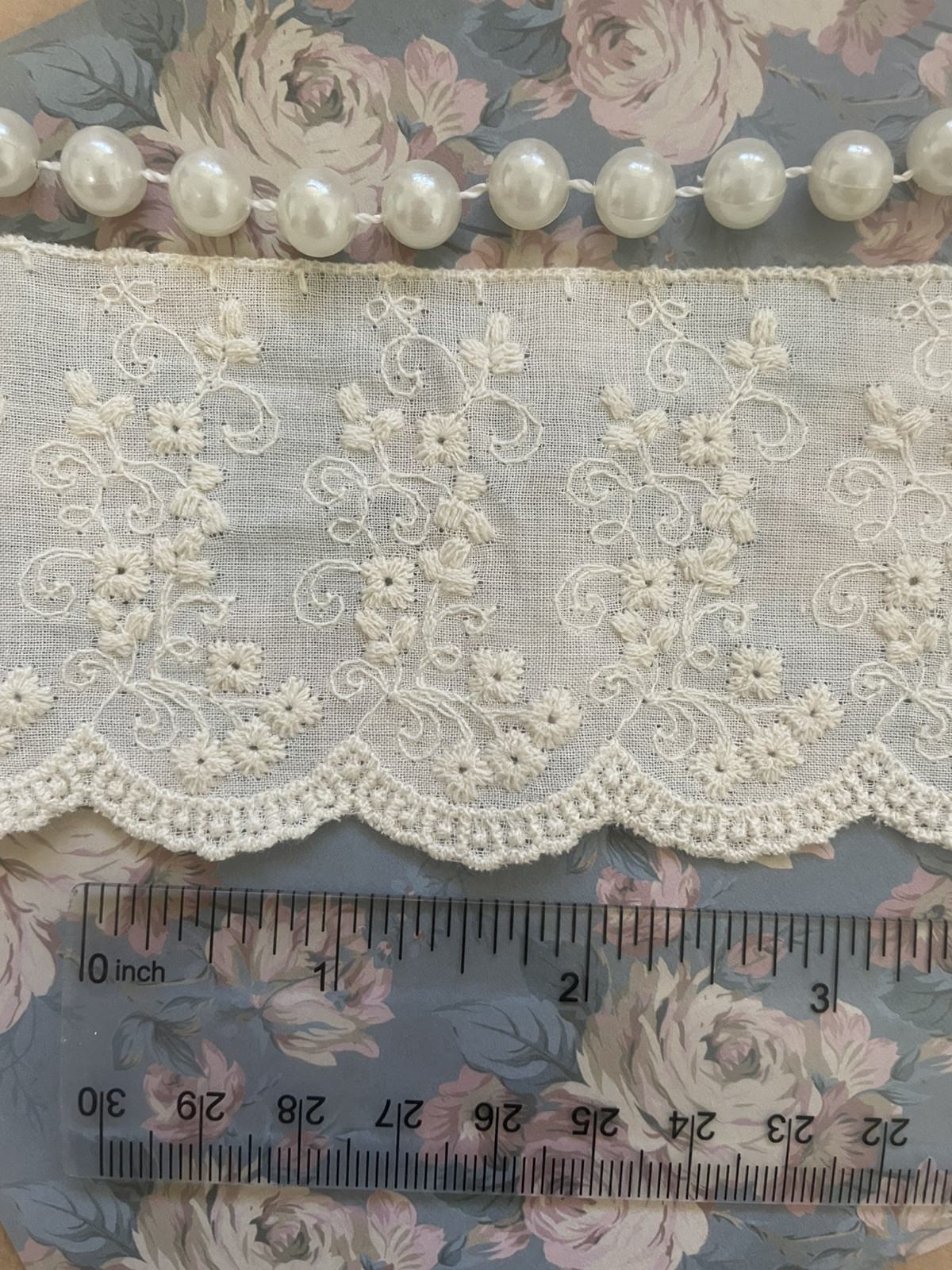 Vintage Floral Embroidery Cotton Lace Trim, Beige, Scalloped Edge, Eyelet Detail