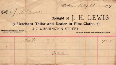 1894 Boston Tailor Receipt to Joseph Brown Russian Immigrant from Odessa Russia