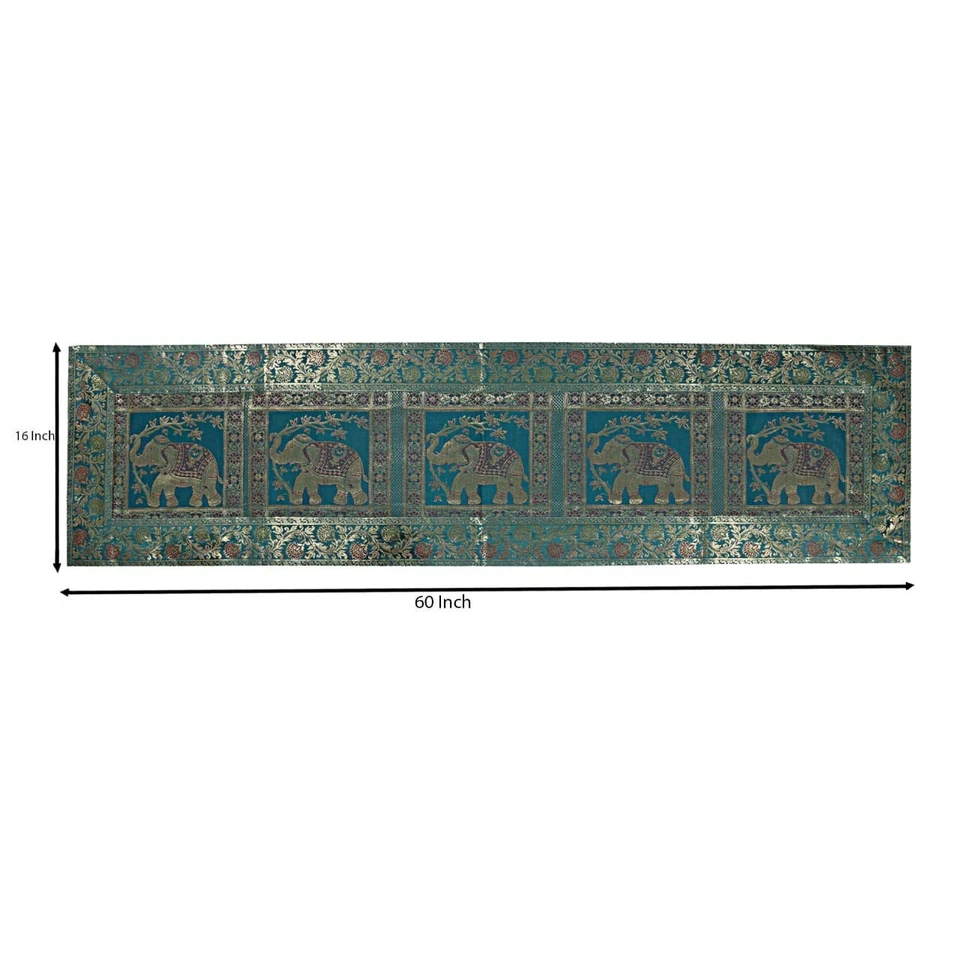 Green & Golden Elephant Silk Table Runner 72 Inch – Vintage Boho Decorative T... - Image 2 of 4
