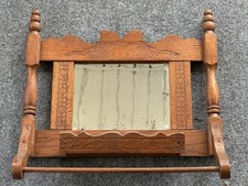 Antique / Vintage Wooden Oak Shaving Mirror / Towel Rack