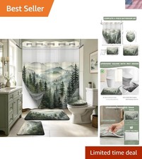 Sage Green Forest Bathroom Shower Curtain Sets with Rugs, Rustic Cabin Shower...