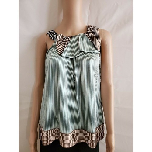 BCBGMAXAZRIA Silk Striped Ruffle Detail & Bow Back Sleeveless Blouse Women's XXS - Imagen 8 de 12