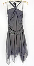 Y2K Halter Dress M Black Ruched Goth Glam Clubwear Asymmetrical Mesh Hem Evening
