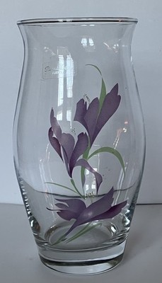 Vintage Pasabahce Turkey Glass Vase Purple Painted Iris 8 Inches