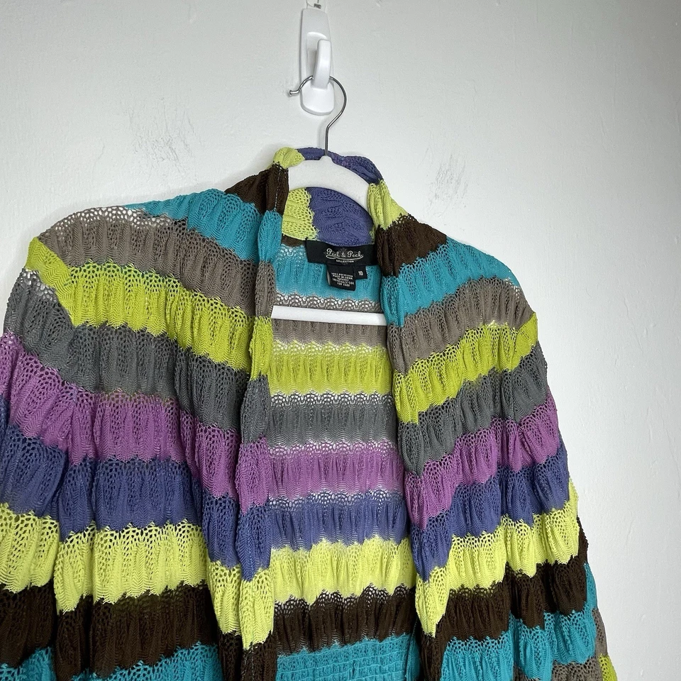 Cárdigan de ganchillo a rayas Peck & Peck para mujer talla 10 frente abierto boho arte para usar Foto 4 de 4