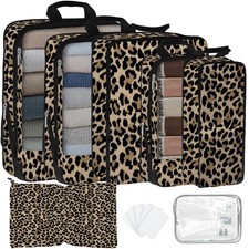 7 PCS Compression Packing Cubes Travel Waterproof Suitcase Luggage Leopard Bag