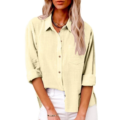 Women Linen Cotton Shirt Button Up Tops Long Sleeve Casual Loose Blouse Casual - Bild 17 von 48