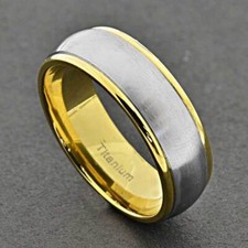 8mm Gold Plated Titanium Band Men Wedding Ring Brushed Dome Top Step Edge