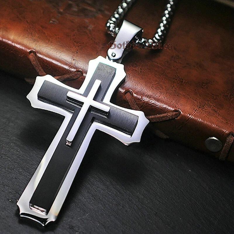 Collar colgante cruzado de capa de acero inoxidable grande pesado grande para hombre niño Foto 2 de 4