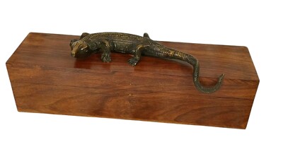 Vintage Wood Trinket Storage Box W/ Brass Lizard Decor on Top 14'' Made In India 