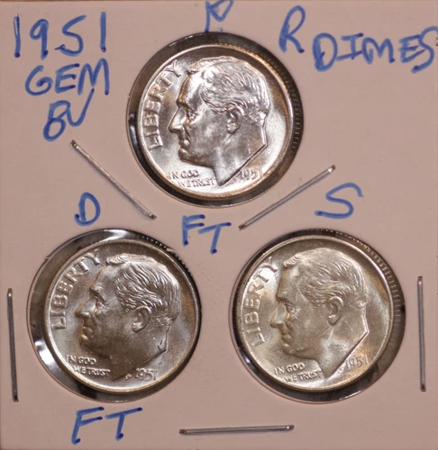 1951 P D S SILVER ROOSEVELT DIME GEM BU P&D FULL BANDS! KEY DATES 511099