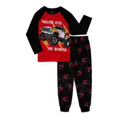 Wonder Nation Boys Long Sleeve Top Pants Pajama Set-Black Truck-Medium  (8)-NWT