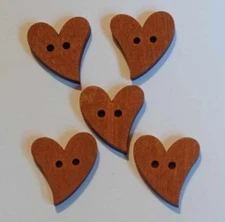 5 Heart Buttons Sewing Crafting Flat Wood 2 Hole  .75" 