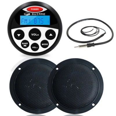 GUZARE Marine Audio Package w/ Waterproof Bluetooth Stereo Receiver and Boat Speakers