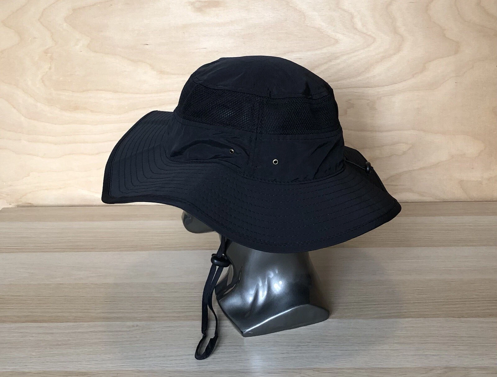 Outfly Black Sun Hat With Drawcord Wide Brim Lightweight Unisex Men One Size.