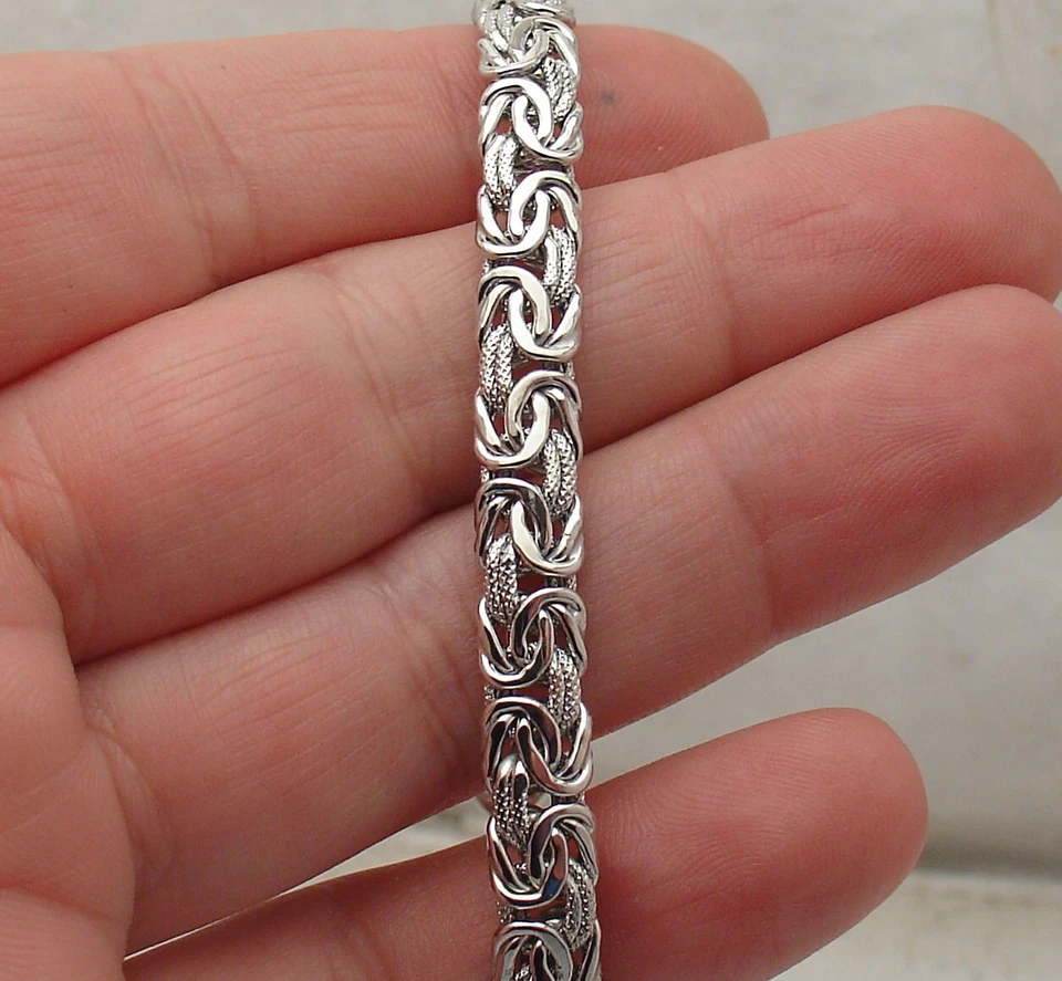 Pulsera de eslabones bizantinos texturizados bloqueo plegable antideslustre plata de ley real Foto 3 de 4