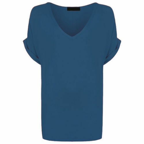 Women Baggy Over sized Loose Fit Turn up Batwing Sleeve V Neck Top T shirt - Picture 15 of 26