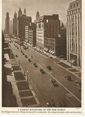 MICHIGAN BOULEVARD CHICAGO STREET CAR STORE GEBÄUDE um 1935 ILLUSTRATIONSDRUCK