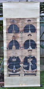 Antique Chinese Ancestor Portrait Painting on Silk Fabric Scroll, 19th c