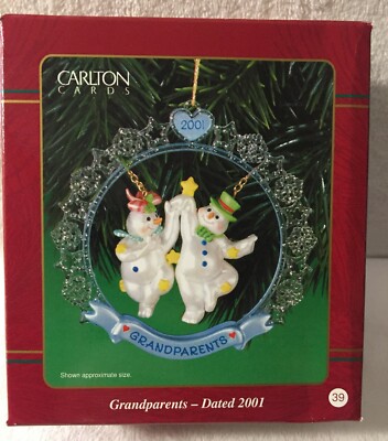 2001 Carlton Cards Grandparents Ornament dancing snowmen in circle of snowflakes