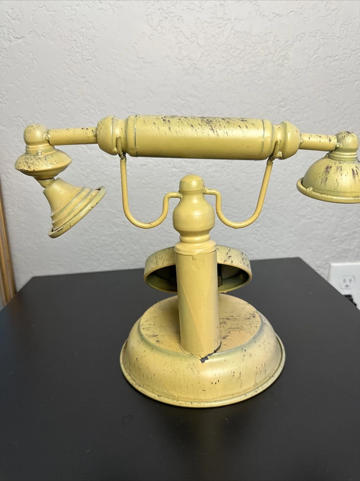 Yellow Retro Metal Mantel Clock - Old Fashioned Telephone - Vintage Shabby Chic - Image 2 of 4