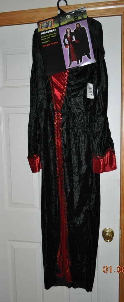 Disfraz de Hechicera Sensual Halloween OS Con Capucha Negro Rojo Terciopelo Vestido Fiesta Para Mujer Foto 2 de 4