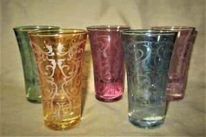 5 ETCHED SHOT GLASSES SET Vintage Colorful with Decorations Heavy Bottom 3 1/2"H