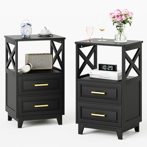 Nightstand Set of 2 with 2 Drawers and Open Shelf in Black Finish-image