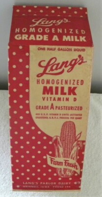 Vintage Lang's Farm Fresh Parlor Dairy, Phone 594, Grinnell, Iowa IA Milk Carton