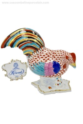 Große Herend Porzellan Figur Hahn mit Perle rot Netz Design RP-740,00 