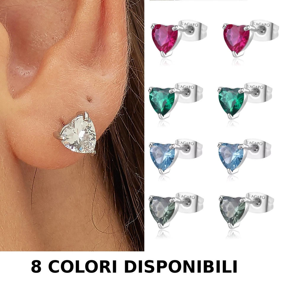 Sagapò Orecchini Donna Cuore a lobo in Acciaio con Zircone Luminoso Vari Colori - Immagine 2 di 3