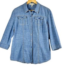 Hester Orchard Chambray Denim 3/4 Sleeve Button Up Blue Jean Shirt Women's L