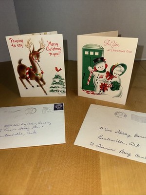 Lot Of 2 Vtg Christmas Reindeer Snowman Card 1950s Hallmark Forget Me Not Cute!