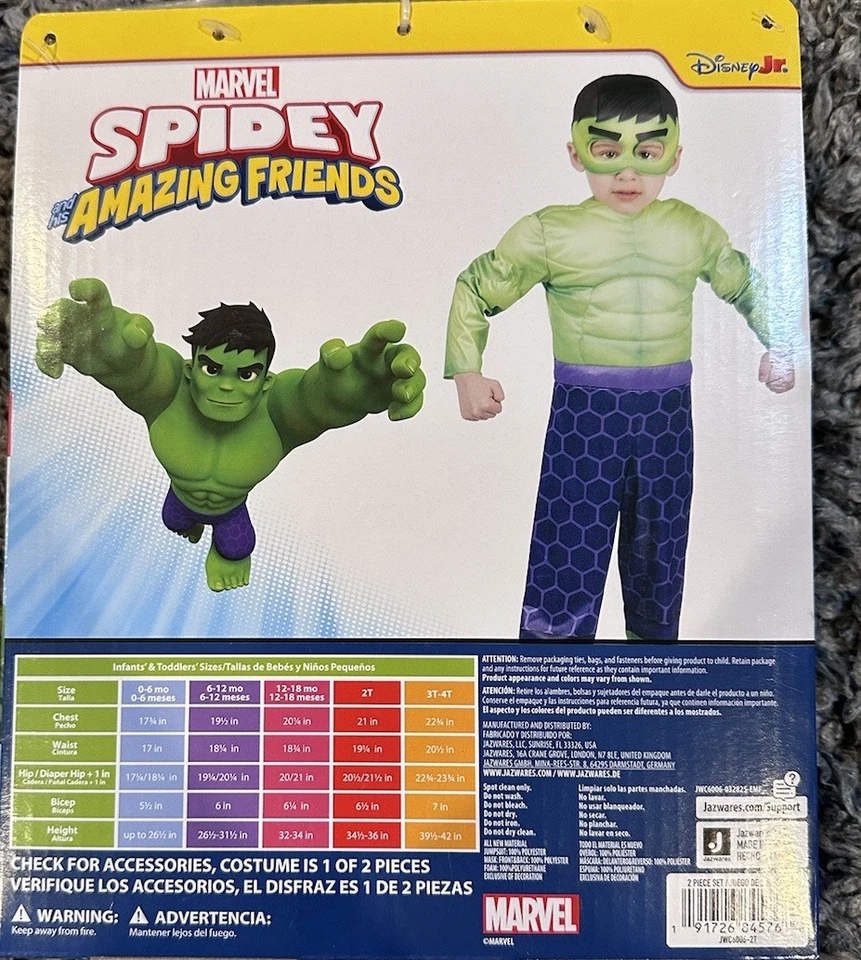 Nuevo Adorable Marvel Spidey, Disfraz de Hulk, Niño Pequeño Talla 2T Foto 4 de 4