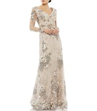 Mac Duggal New V Neck Embellished Illusion Long Sleeve Gown Size 6