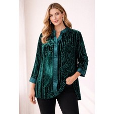NUEVA Camisa Bob Mackie Usable Arte Para Mujer 1X Verde Azulado Mezcla Seda Terciopelo Burnout