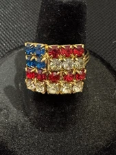 Adjustable Costume Red White and Blue Rhinestone Ring In a Flag Design