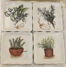 EFFETTI d'Arte Square Plates Italy Herb Bouquets Set Of 4 Appetizer Charming!