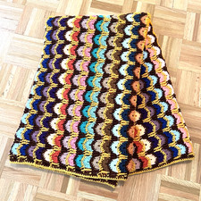 Handmade Knit Afghan Throw Blanket Colorful Scallop Shell Granny Crochet 52"x68"