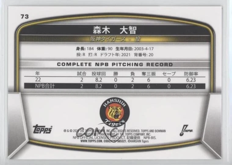 2023 Bowman NPB Nippon Professional Baseball Gold /50 Daichi Moriki #73 - Image 2 of 2