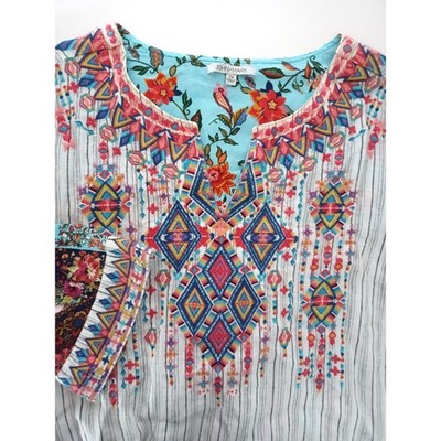 John Mark Linen Blend Embroidered Top Boho Relaxed Vibrant Resort Wear Colorful