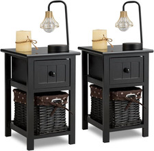 Side Table 2 Tier Wood Drawer Basket Bedside Storage Nightstand Sofa Side Unit