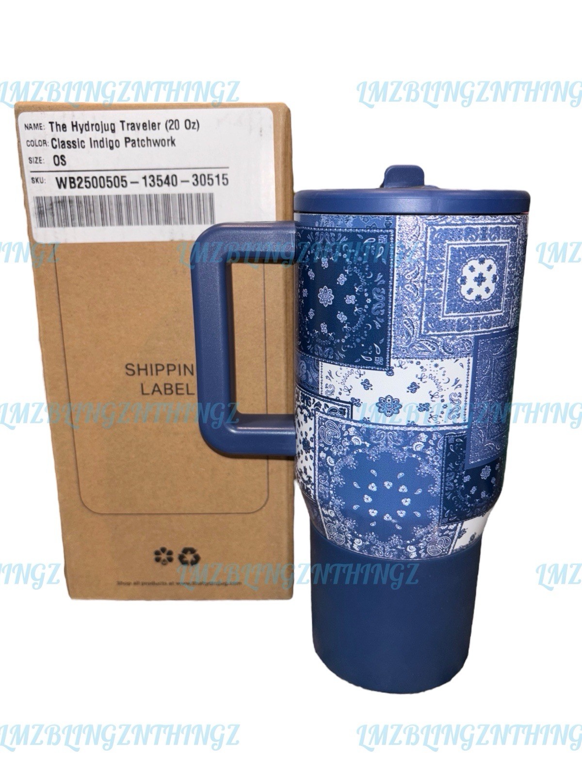 HydroJug x Fabletics LUXE360 Indigo Patchwork 20oz Traveler~BNWT&Box