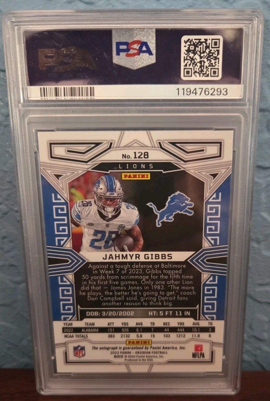 2023 Panini Obsidian Jahmyr Gibbs Signatures RC Auto #128 PSA 9 MINT Lions  view 2