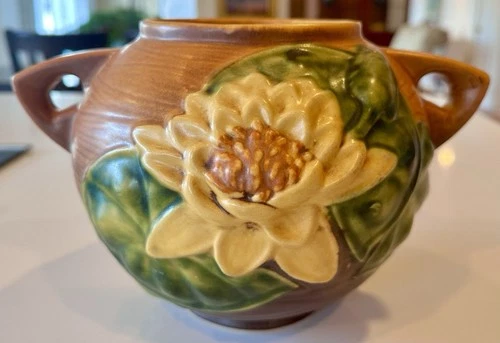 Roseville Water Lily Brown Bowl Vase 437-6 Vintage Art Pottery Ceramic USA