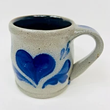 Rowe Pottery Works  1993  Vintage Cup with Handle Salt Glazed  Blue Heart Design