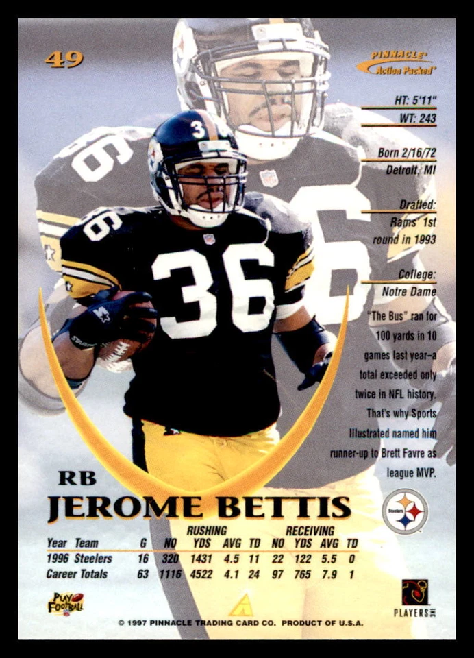 1997 Action Packed #49 Jerome Bettis - Image 2 of 2