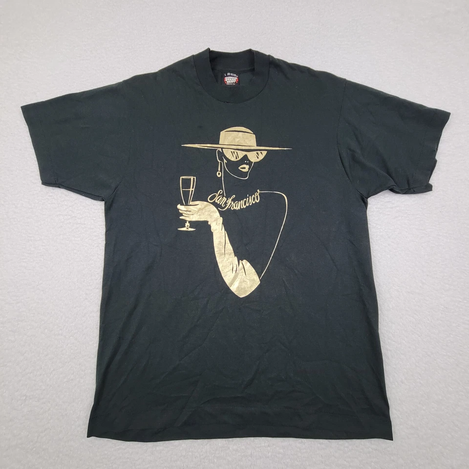 VTG 80s San Francisco Person Trimmed in Gold Hat Champagne Shirt Men Large Black - Image 2 of 4