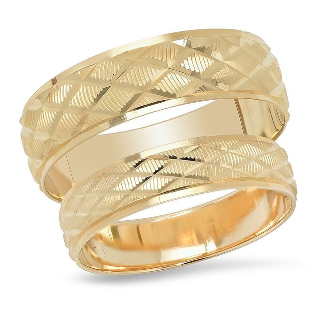 14K Yellow Gold His Hers Wedding Ring Set Matching Band Mens Womens